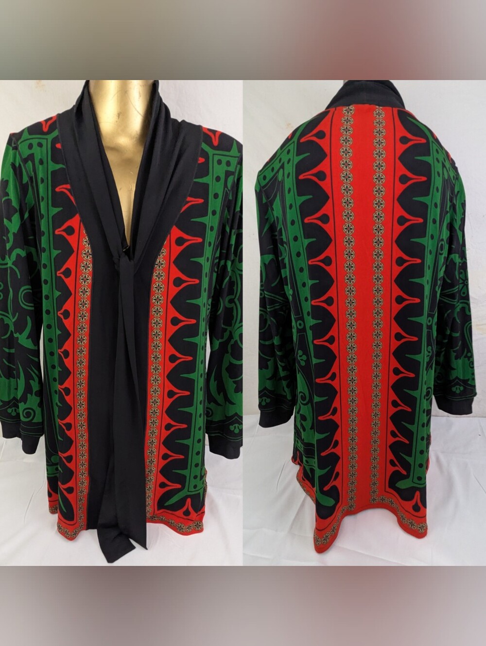 Eva Varro Bold Red & Green Patterned Tunic with Black Tie XL